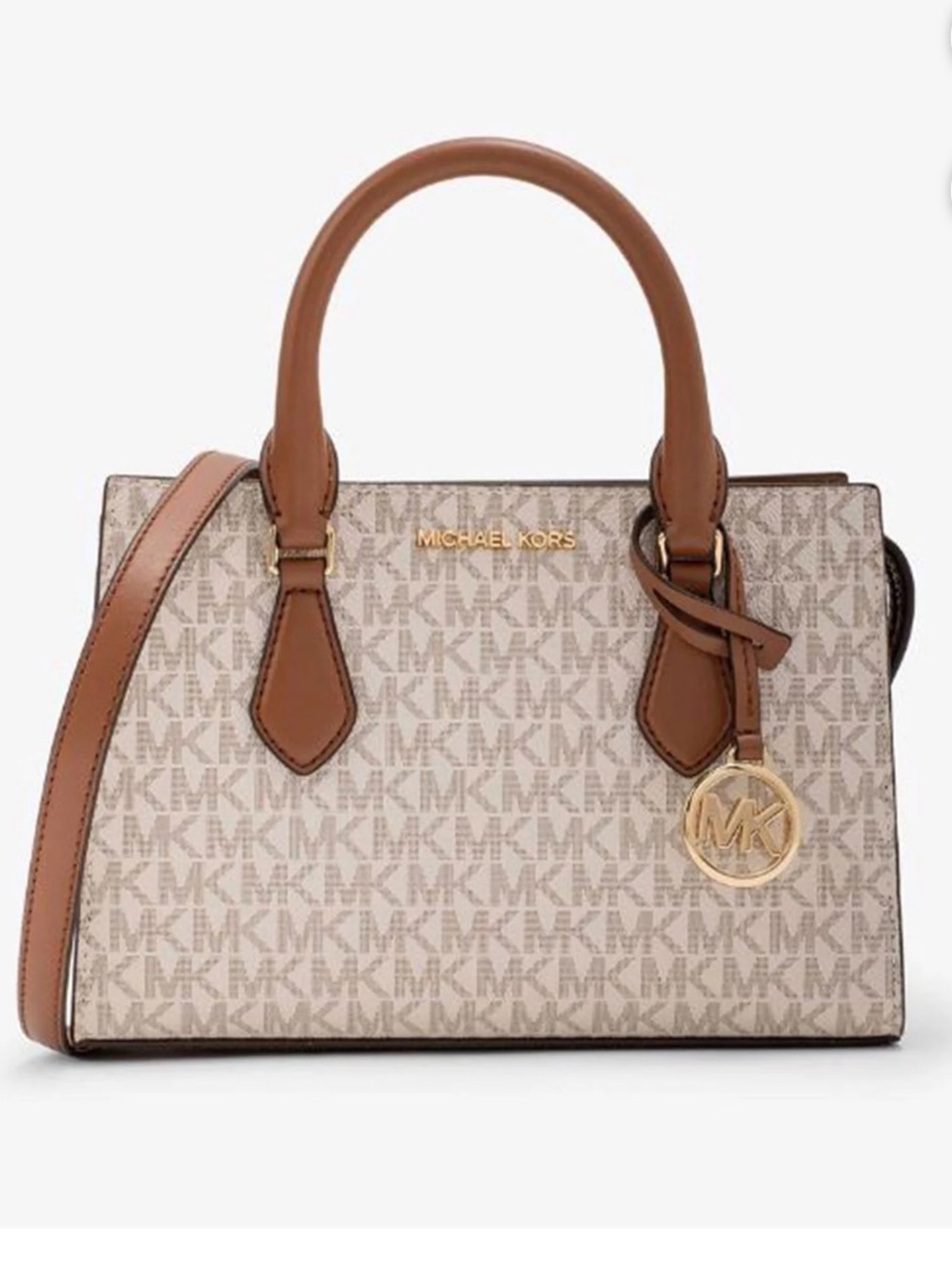 Michael Kors Cream Logo Satchel with Brown Trim